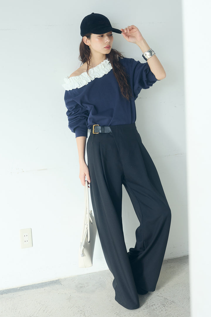 [SET]ネックギャザーフリルスウェット+サイドベルトタック入りスラックス(2set)