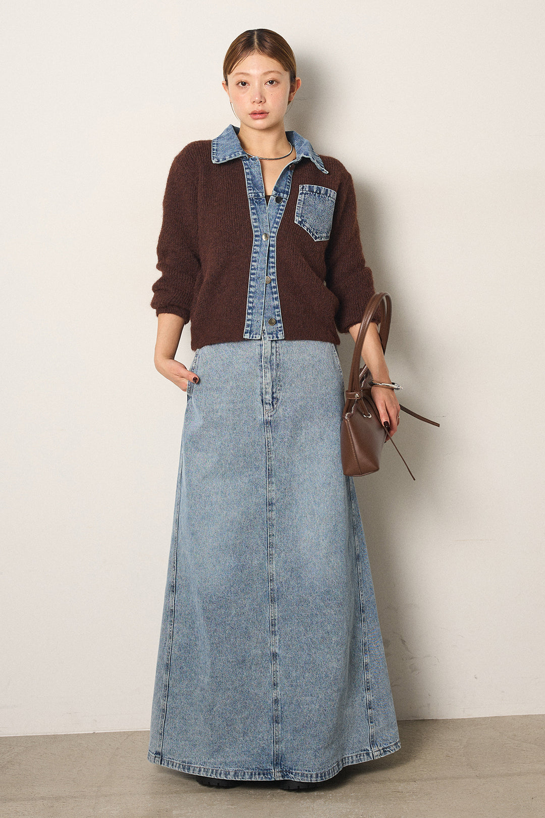 [SET]襟付きデニム切替ニットカーディガン+デニムロングフレアスカート(2set)