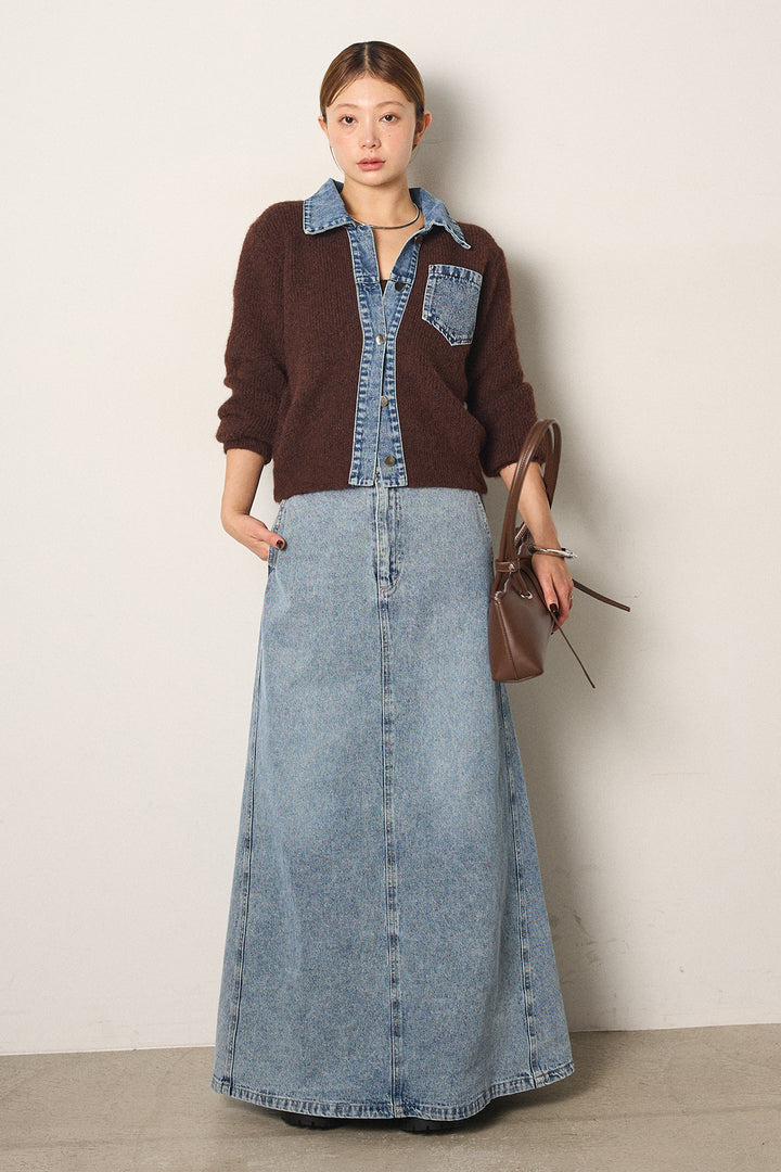 [SET]襟付きデニム切替ニットカーディガン+デニムロングフレアスカート(2set)