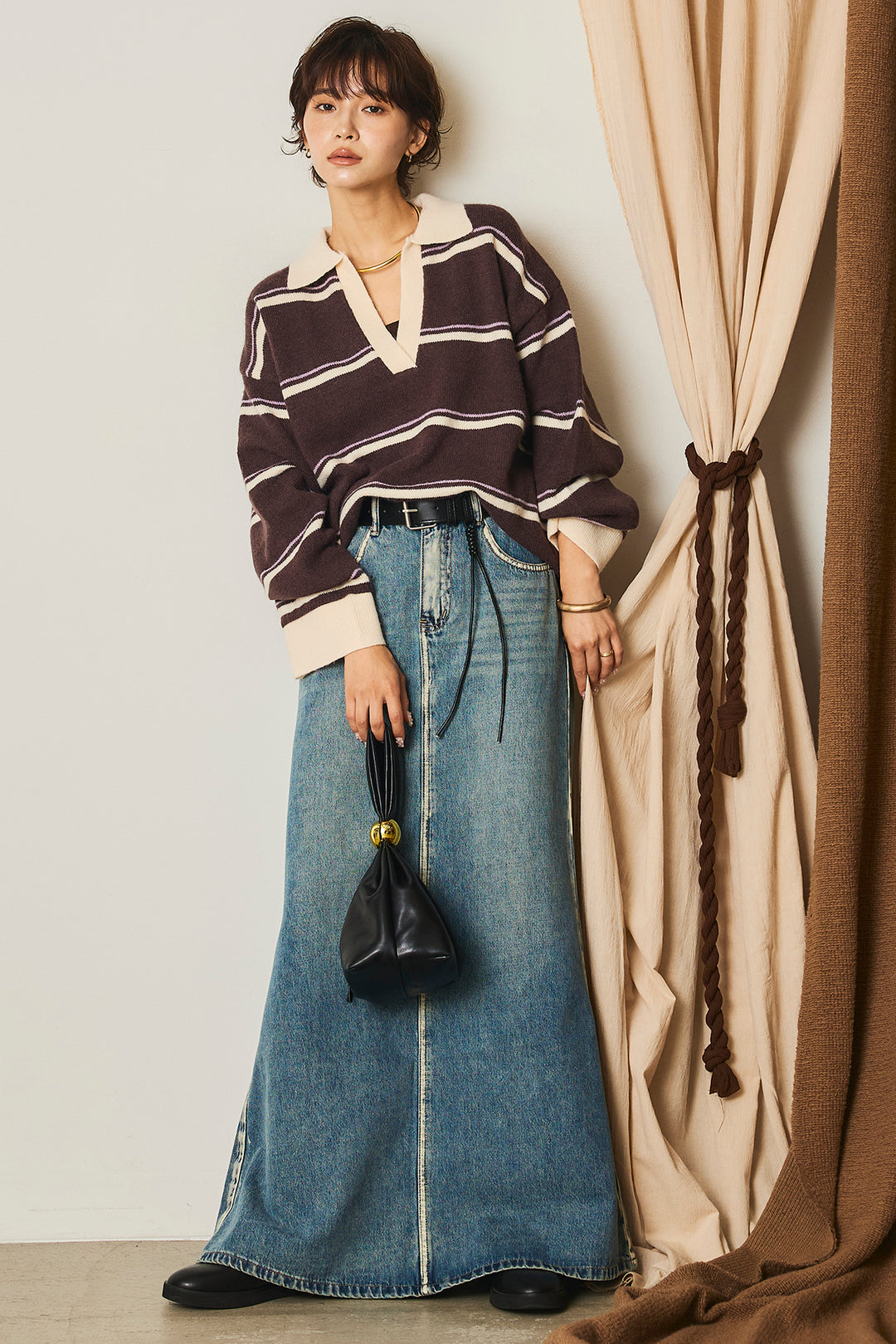 【即納】フェイクレザー太ベルト付きデニムワイドスカート