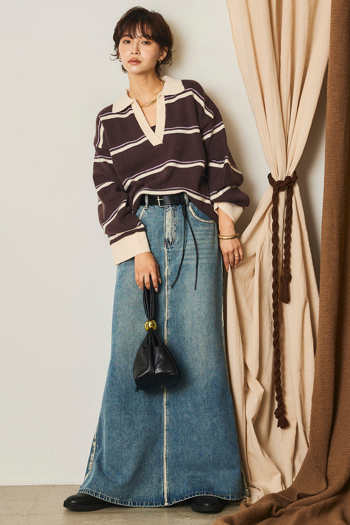 【即納】フェイクレザー太ベルト付きデニムワイドスカート