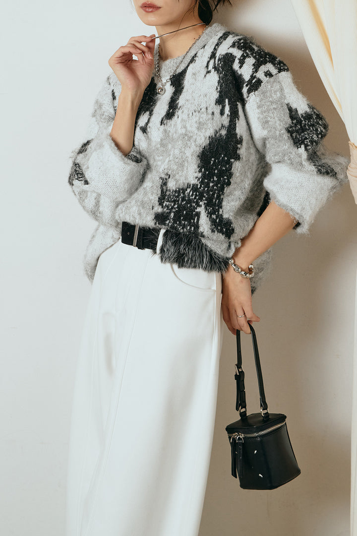 [SET]起毛ニュアンス柄ニットプルオーバー+ファーベルト付きワイドパンツ(2set)