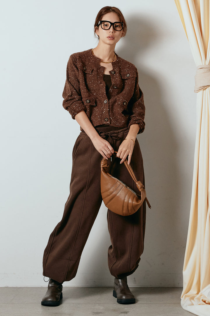 [SET]ネップニットカーディガン+スウェットワイドカーブパンツ(2set)