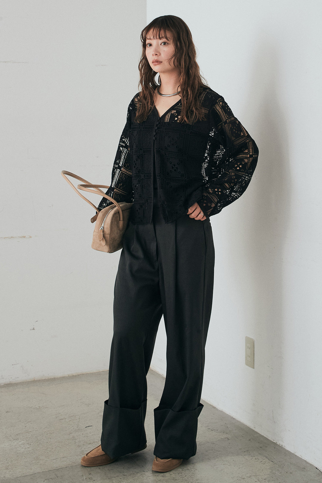 [SET]クロシェレースカーディガン+センタープレスセミワイドパンツ(2set)