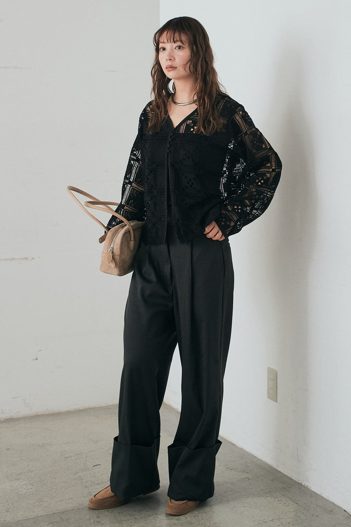 [SET]クロシェレースカーディガン+センタープレスセミワイドパンツ(2set)