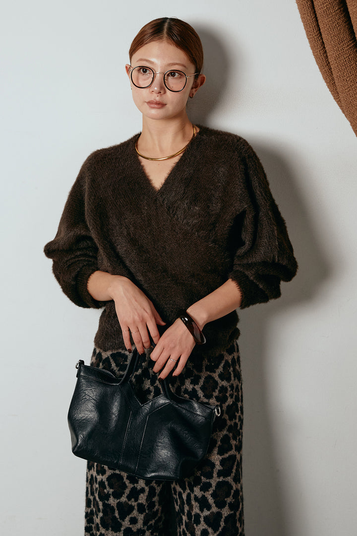 [SET]シャギーカシュクールニットトップス+リラックスレオパード柄ニットパンツ(2set)