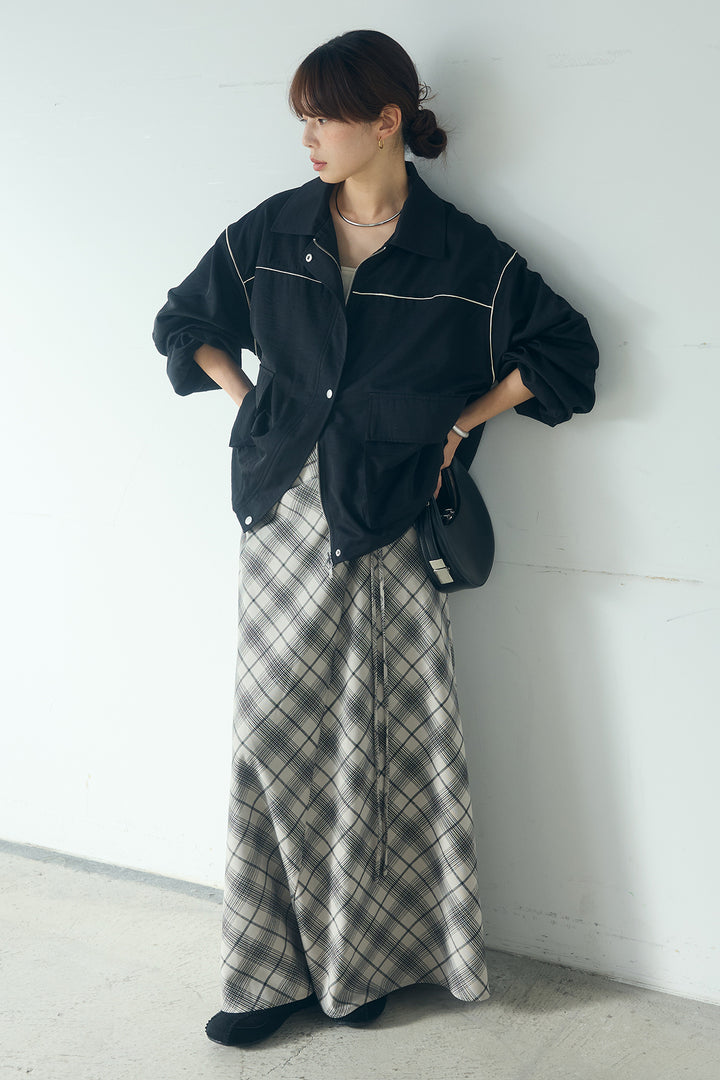 [SET]合繊ツイルバルーンジャケット+タータンチェック柄フロントデザインスカート(2set)