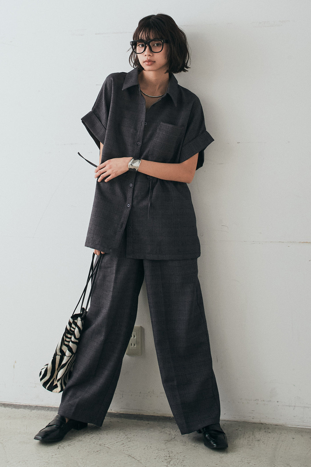 [SET]ツイードウエストドロストシャツ+ツイードタックパンツ(2set)