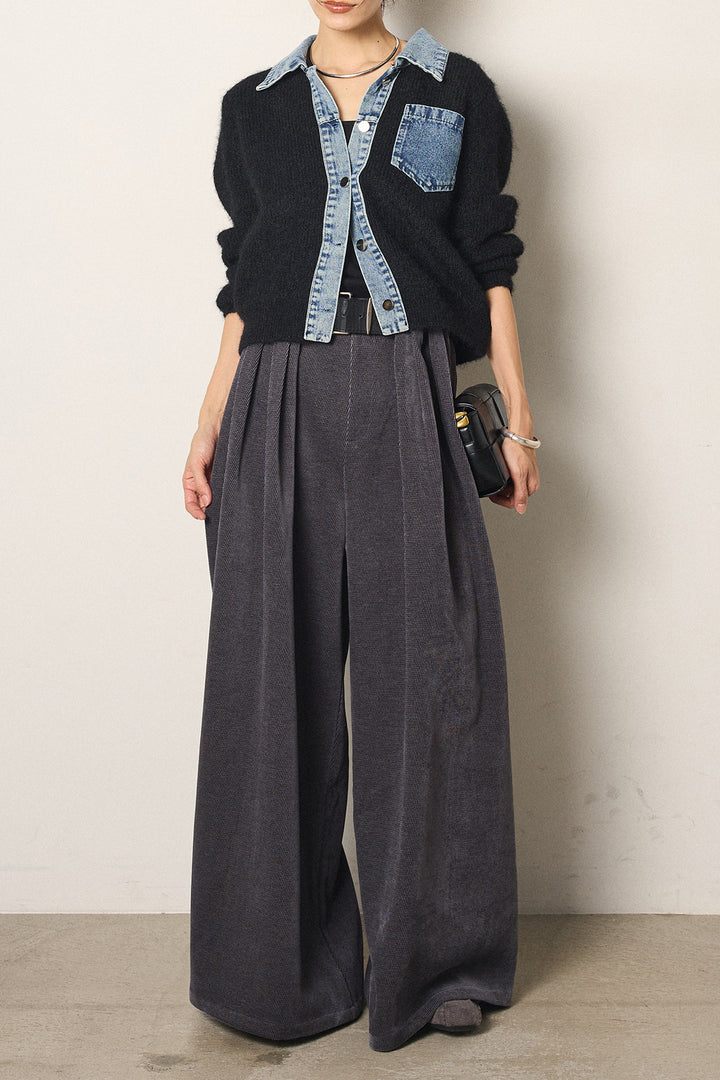 [SET]襟付きデニム切替ニットカーディガン+ベルトループコーデュロイワイドパンツ(2set)