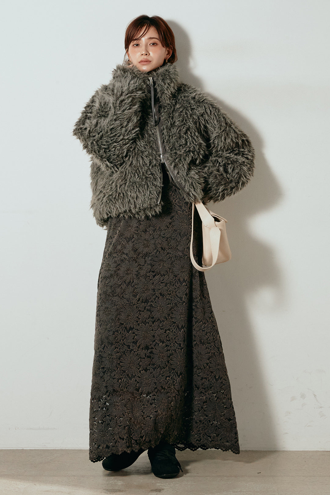 【着回しセット】[SET]ミックスシープファースタンドブルゾン+花柄刺繍ベロアフレアスカート+フェイクウールタックトラウザーズパンツ(3set)