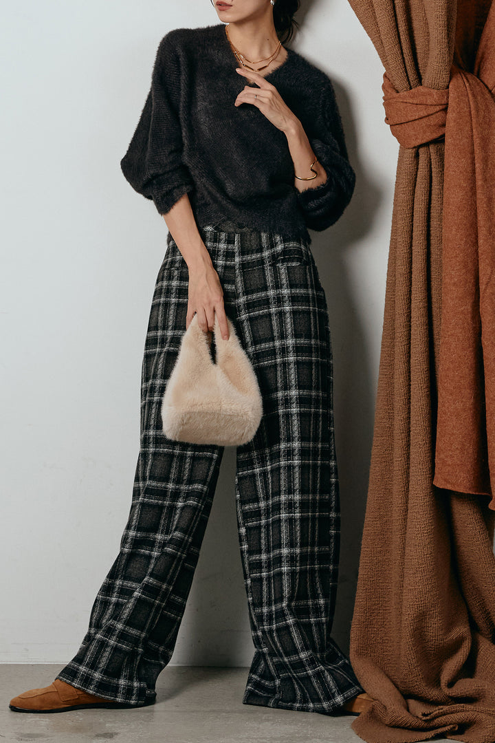 [SET]シャギーカシュクールニットトップス+ルーズタータンチェックワイドパンツ(2set)