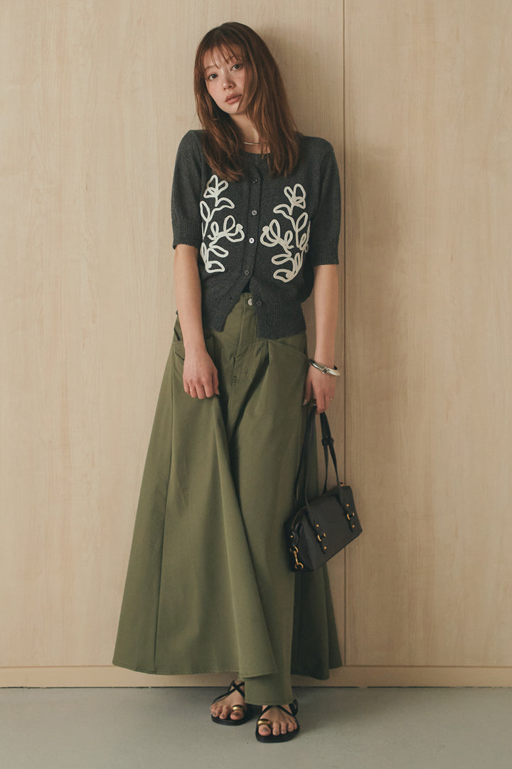 [SET]フロントテープデザイン半袖カーディガン+ミリタリーツイルタックフレアスカート(2set)