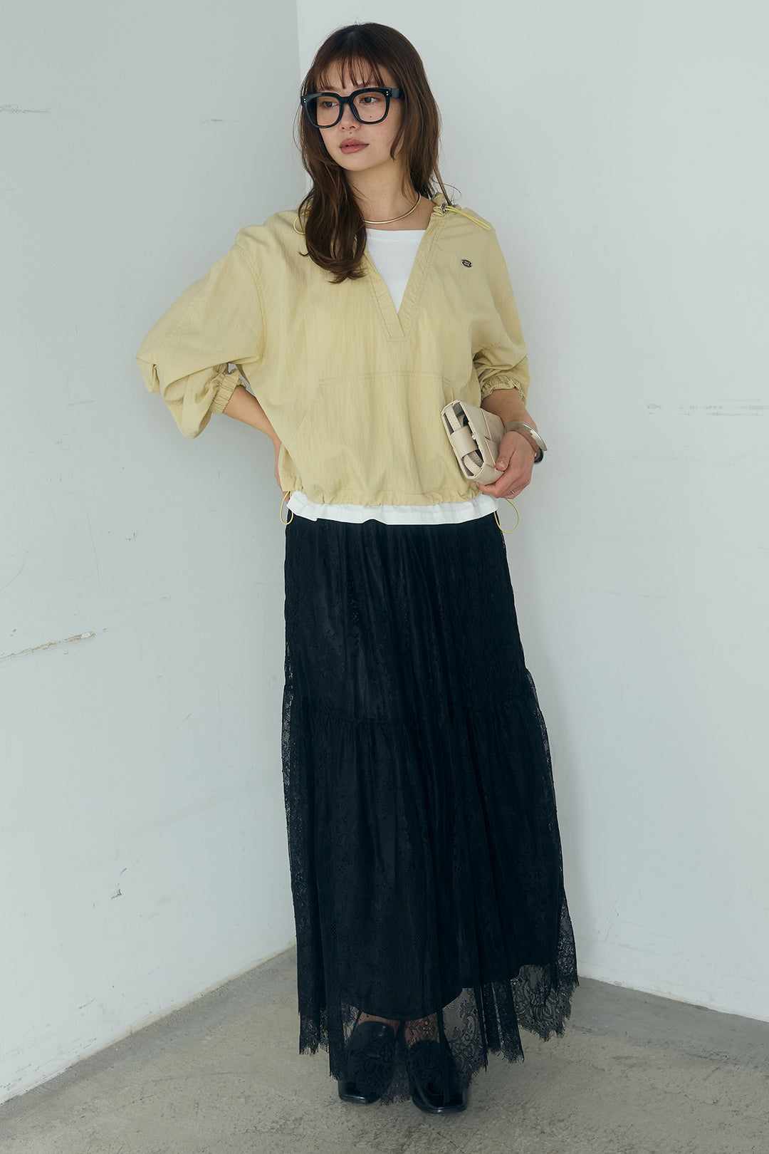 [SET]レイヤードデザインフーディートップス+ひげレース切替ロング丈スカート(2set)