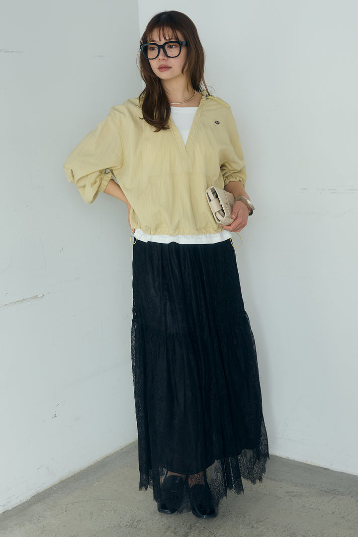 [SET]レイヤードデザインフーディートップス+ひげレース切替ロング丈スカート(2set)