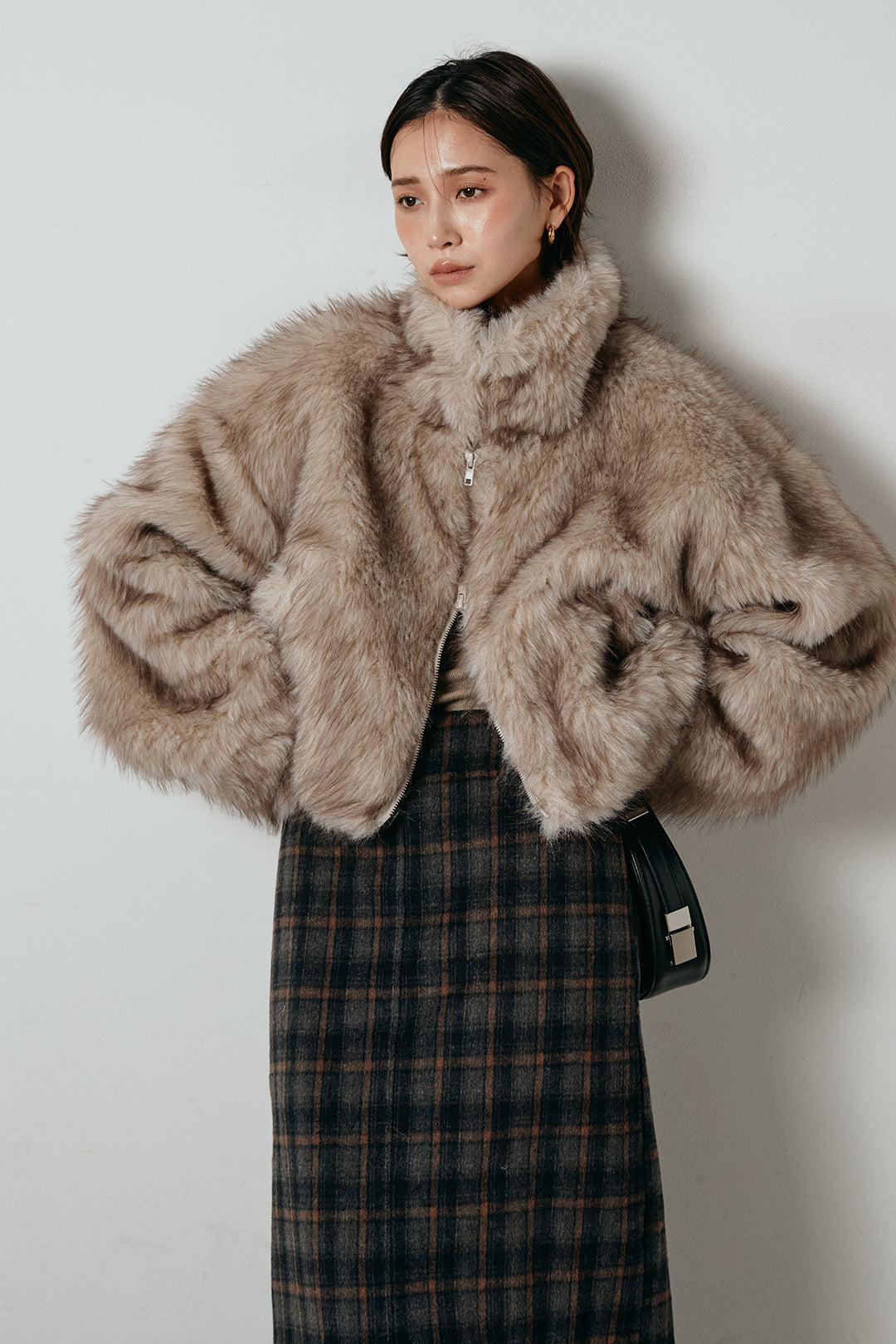 [SET]エコファーショート丈ブルゾン+シャギーチェックストレートスカート(2set)