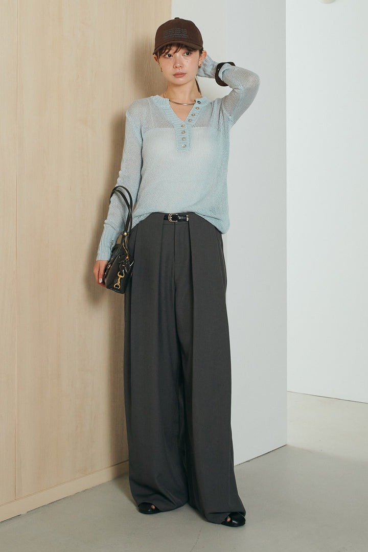[SET]ヘンリーネックダメージニットプルオーバー+ビックベルトループタックベルト付きワイドパンツ(2set)