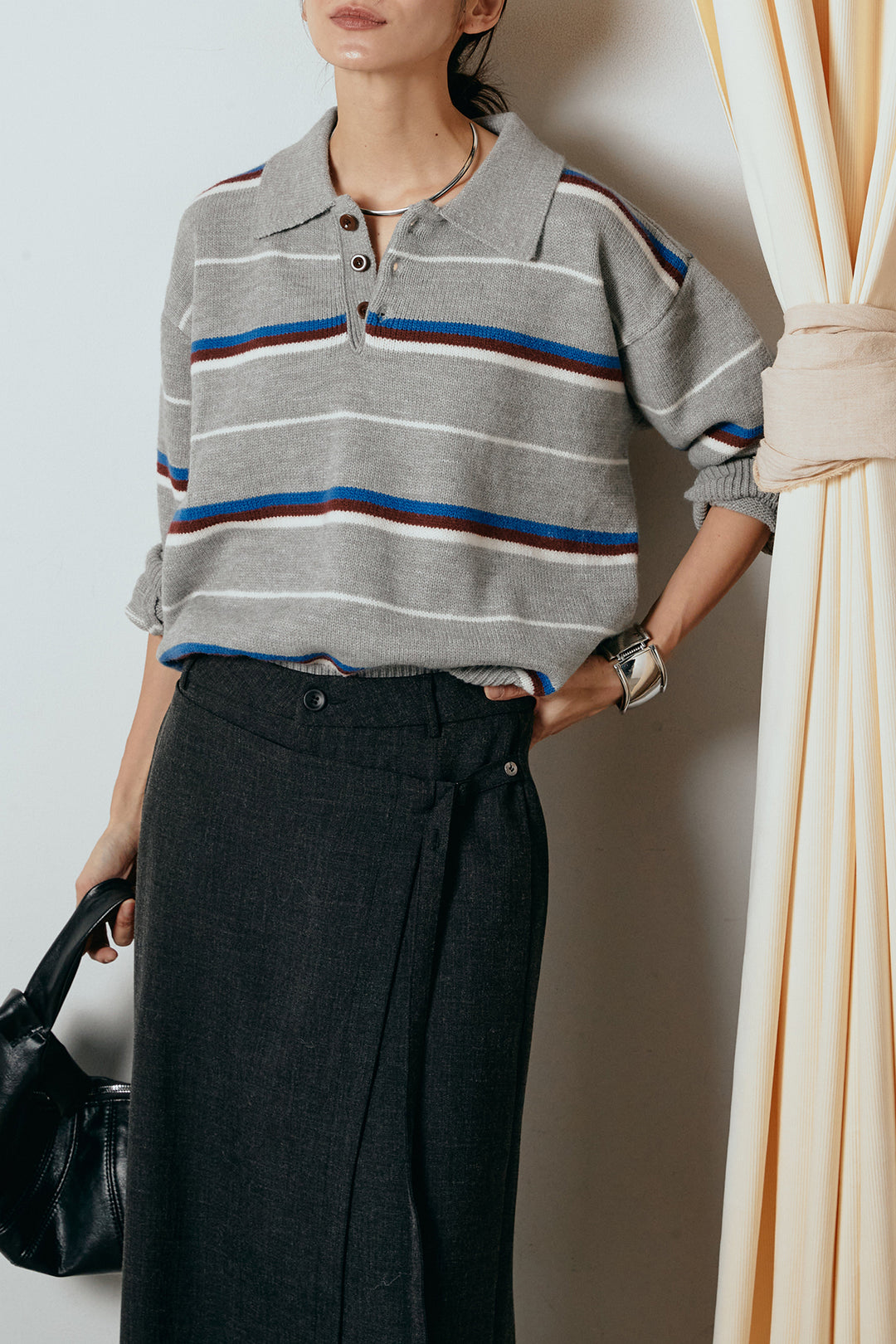 [SET]襟付きマルチボーダーニットポロトップス+ラップ巻きワイドスラックス(2set)