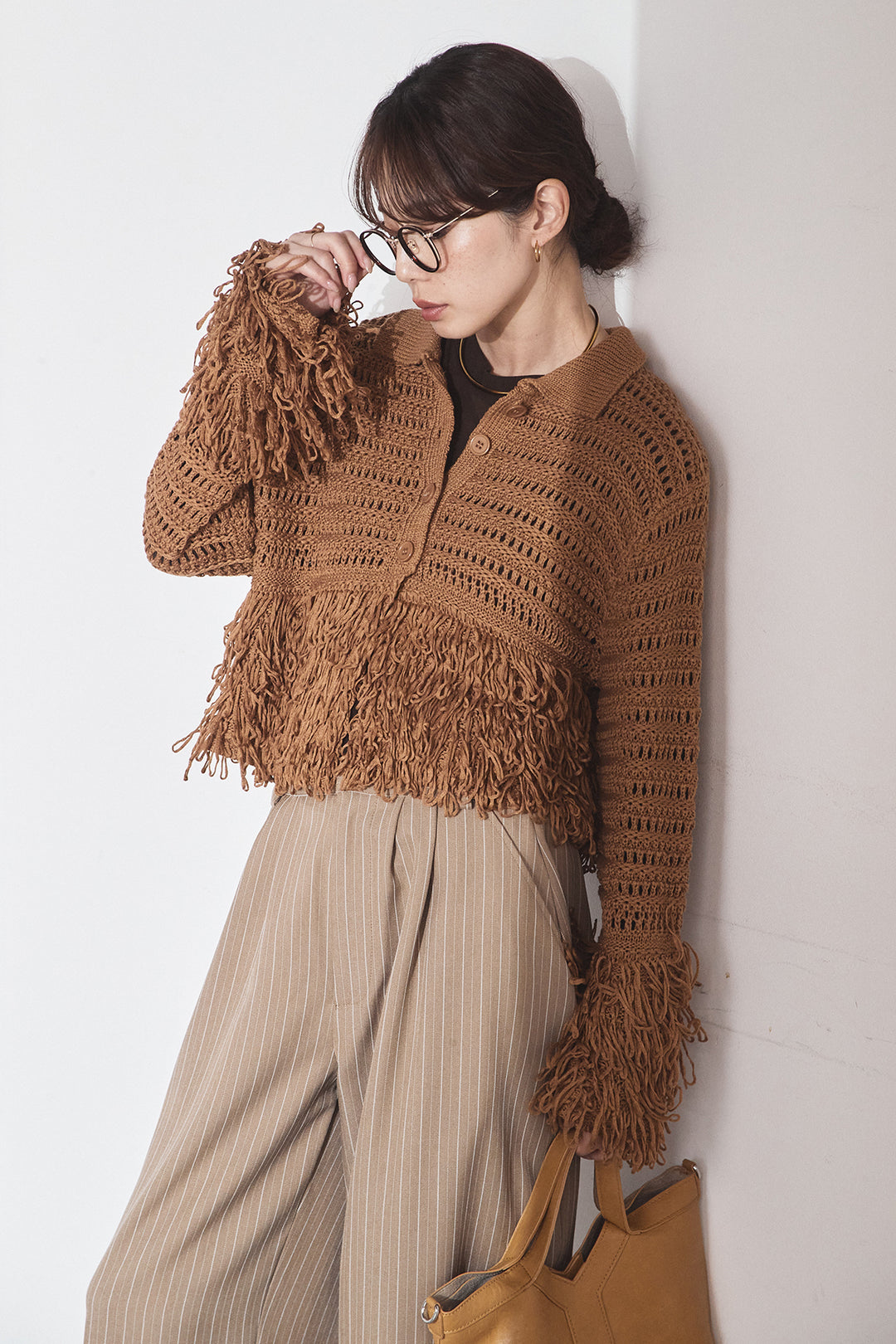 [SET]メッシュフリンジカーディガン+ヘリンボーンストライプツータックパンツ(2set)