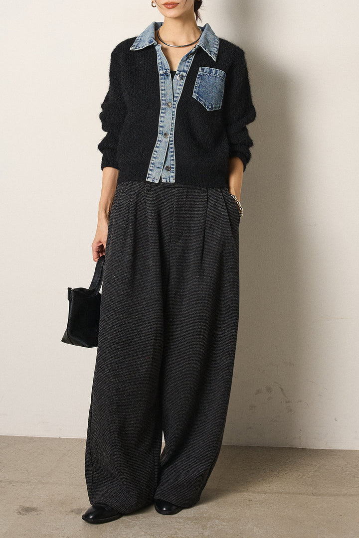 [SET]襟付きデニム切替ニットカーディガン+起毛タック入りツイードワイドパンツ(2set)