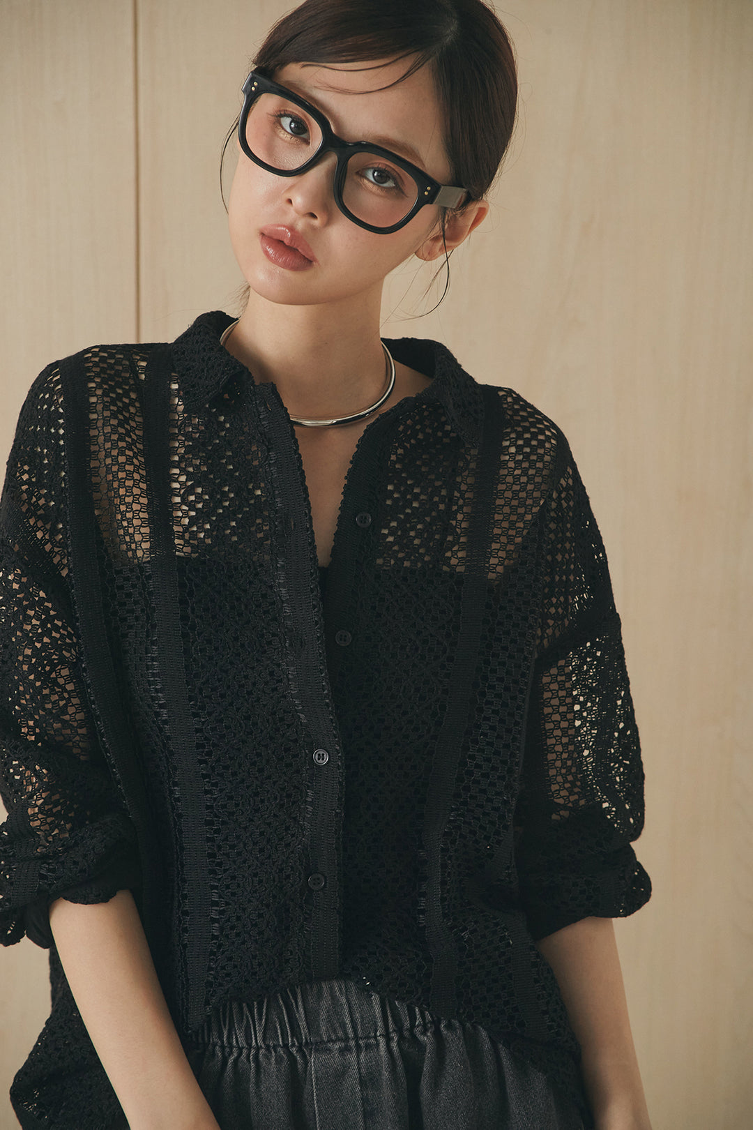 [SET]長袖襟付きレースシャツ+ドロストサイドラインデニムパンツ(2set)