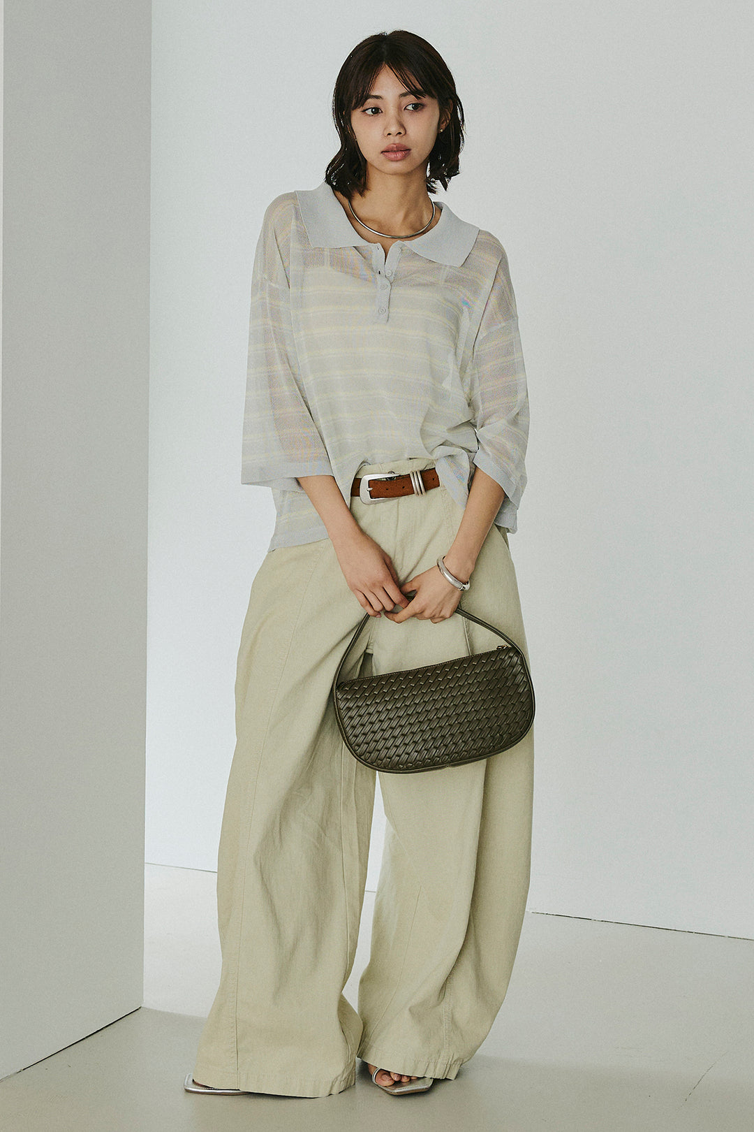 [SET]ボーダーニットポロシャツ+サイドベルトカーブワイドパンツ(2set)