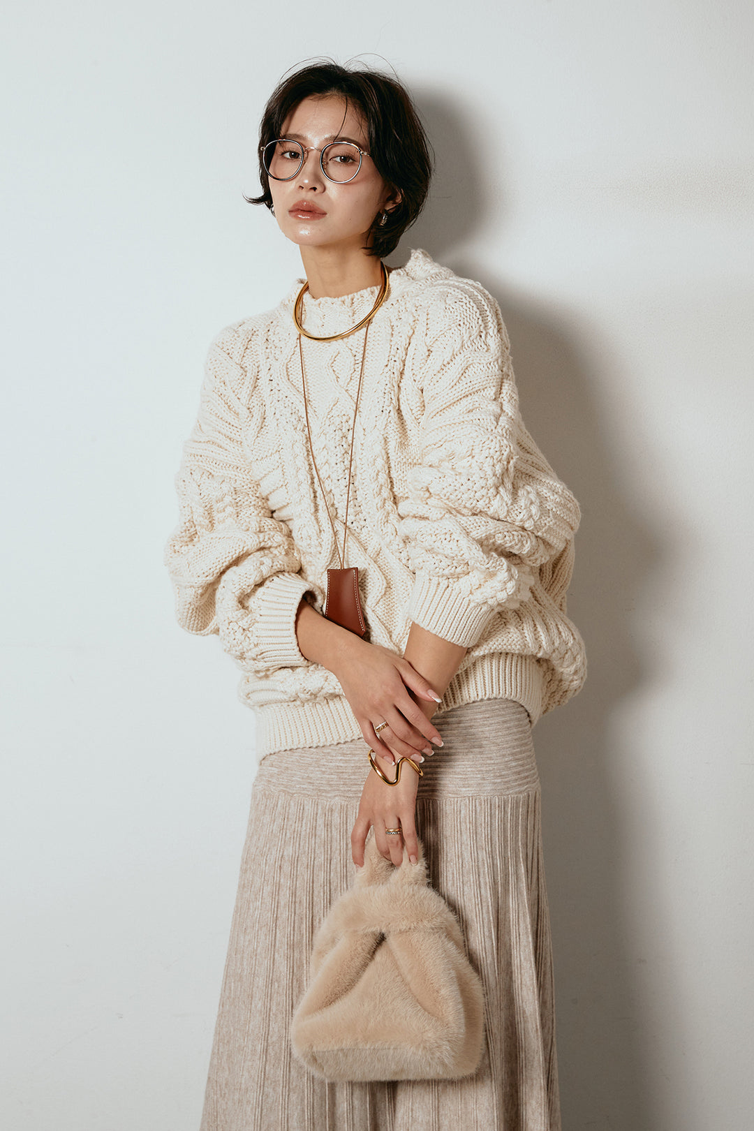 [SET]アラン柄ミックスケーブルニット+編み地切り替えフレアニットスカート(2set)