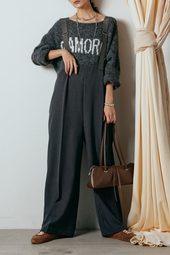 [SET]フロントロゴデザインニットトップス+ワイドツイルサロペット(2set)