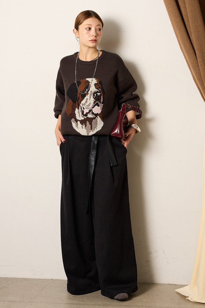[SET]アニマルジャガード柄ニットトップス+巻ベルトウエストレザーライクワイドパンツ(2set)