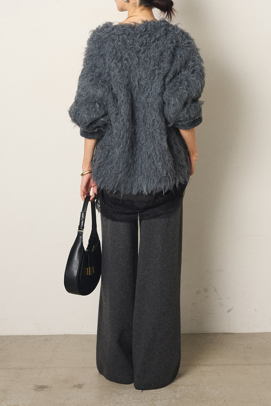 [SET]起毛シャギーニットカーディガン+センターラインニットパンツ+レース切り替えキャミソール(3set)