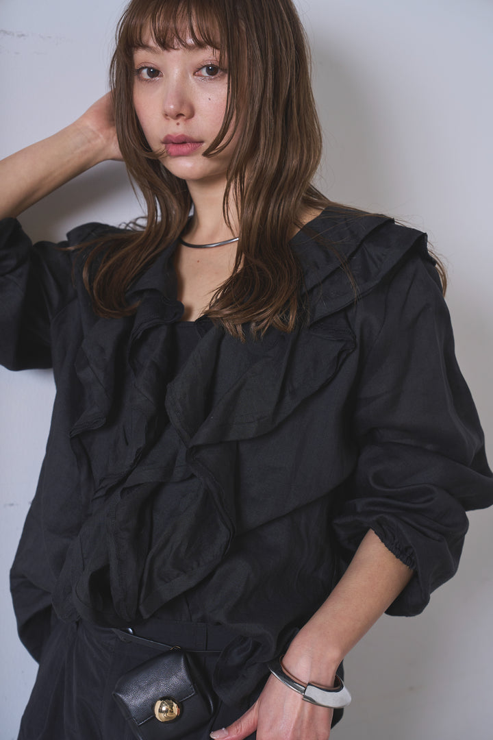 [SET]フリルボタンブラウス+ドライタフタタックバレルパンツ(2set)