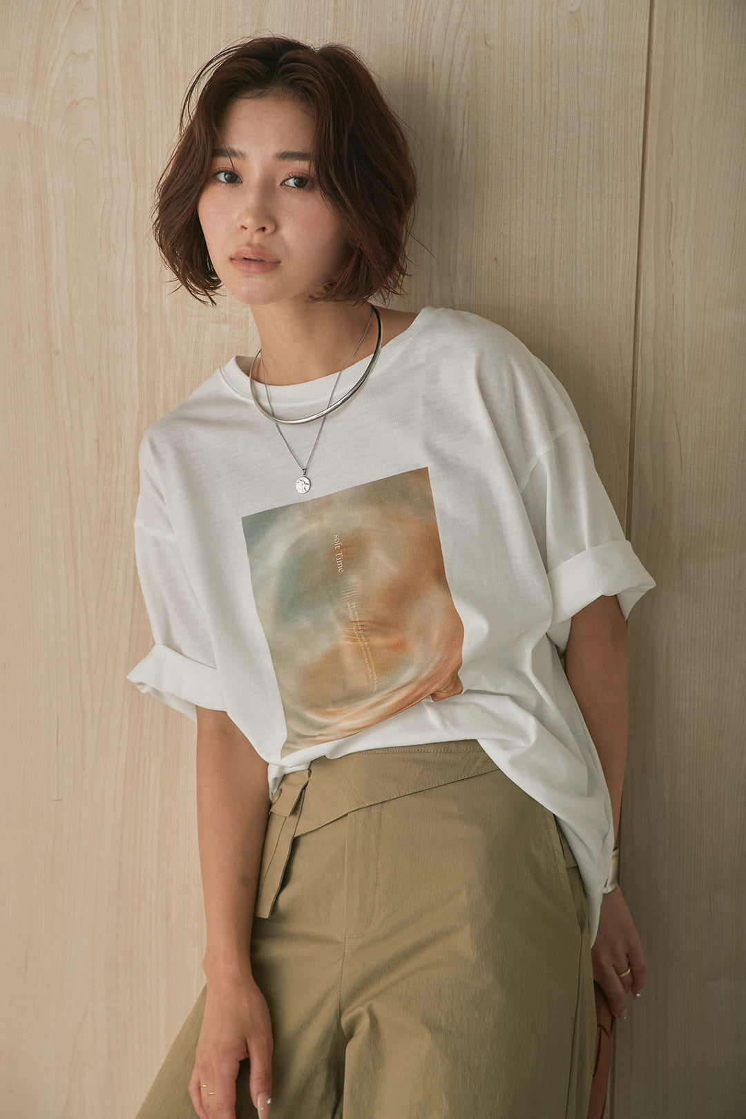 [SET]MarbleプリントTシャツ+ポケットベルト付きニーサイドタックパンツ(2set)