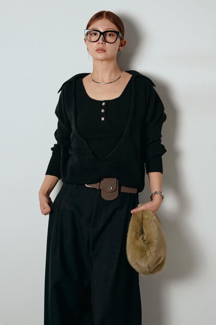 [SET]襟付きレイヤードニットトップス+ポーチベルト付きカーブパンツ(2set)