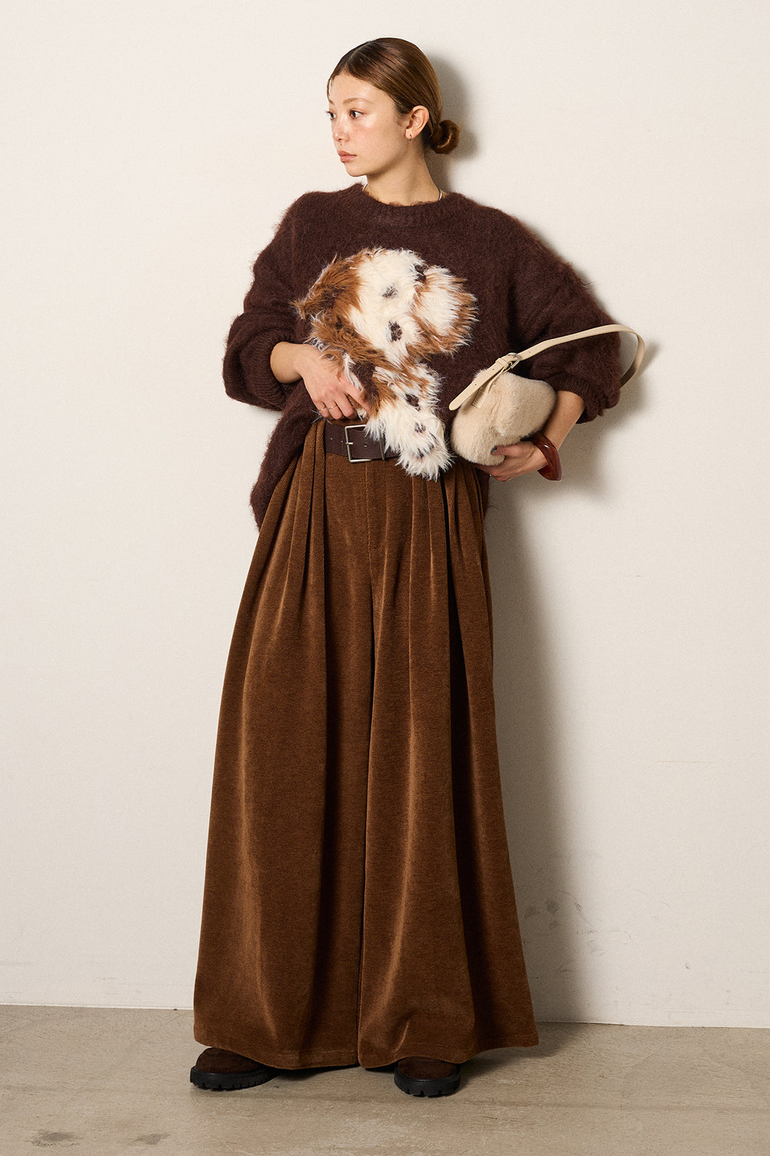 [SET]シャギーニュアンスアニマルニット+ベルトループコーデュロイワイドパンツ(2set)