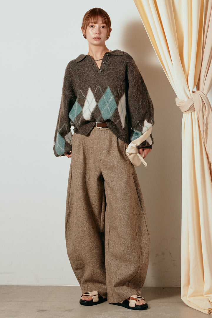 [SET]アーガイル柄ポロニットトップス+ベルト付きネップツイードカーブパンツ(2set)