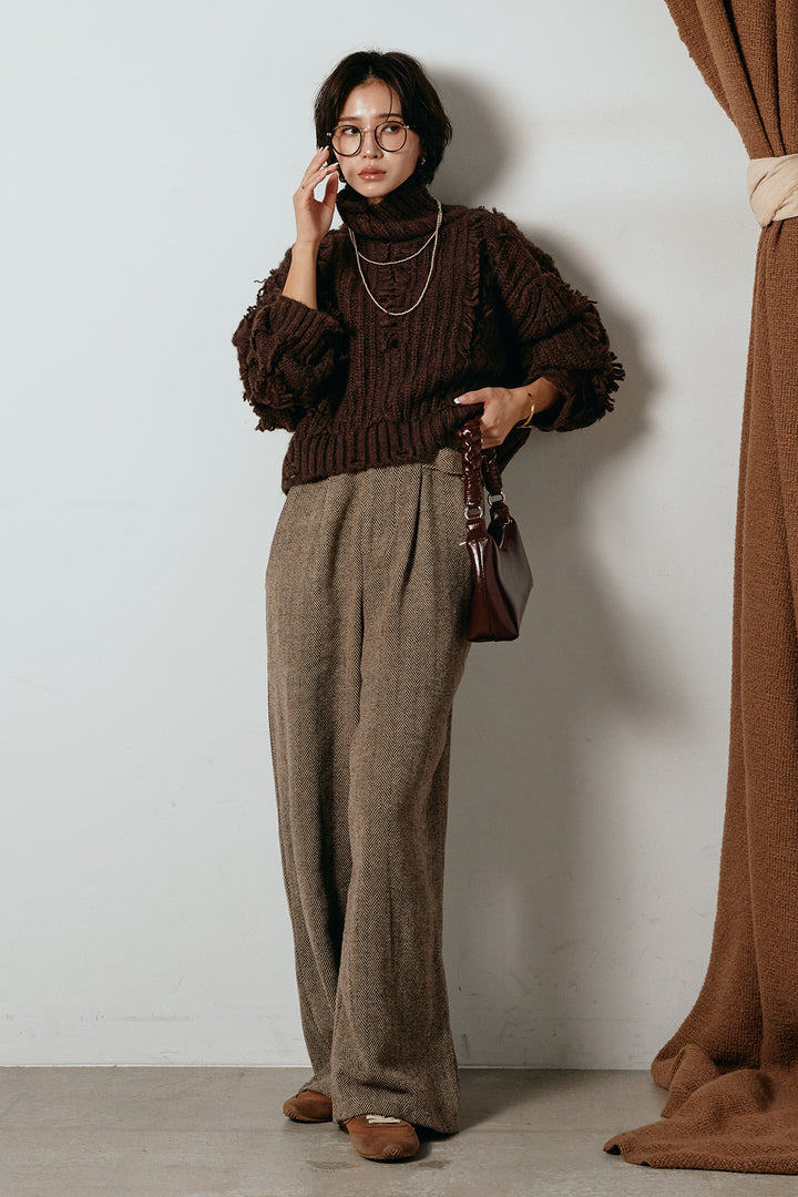 [SET]フリンジタートルショートニット+クラシックヘリンボーンサロペット(2set)