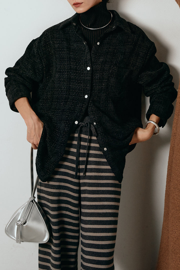 [SET]ルーズクラッシュツイルシャツ+リブニットシームレスタートルプルオーバー+ボーダーリラックスニットパンツ(3set)