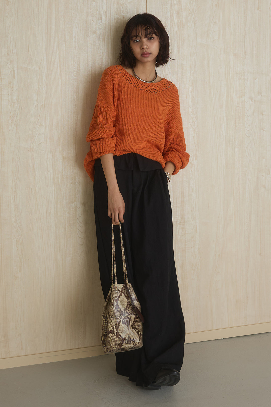 [SET]ネック編みデザインニットトップス+ウエスト折り返しワイドパンツ(2set)