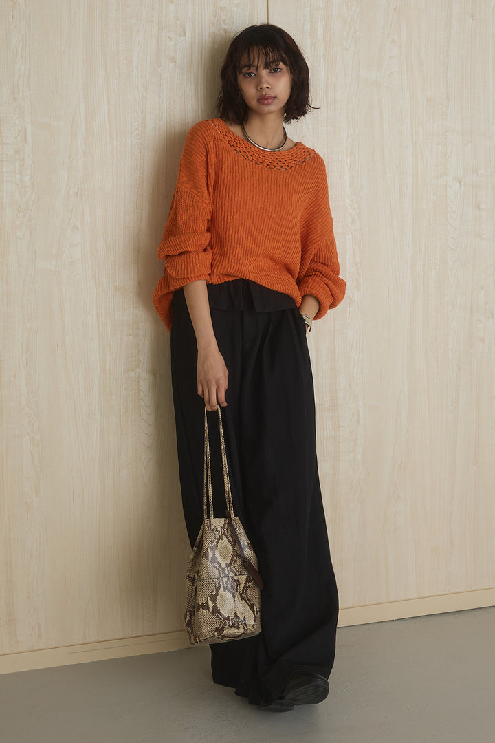 [SET]ネック編みデザインニットトップス+ウエスト折り返しワイドパンツ(2set)