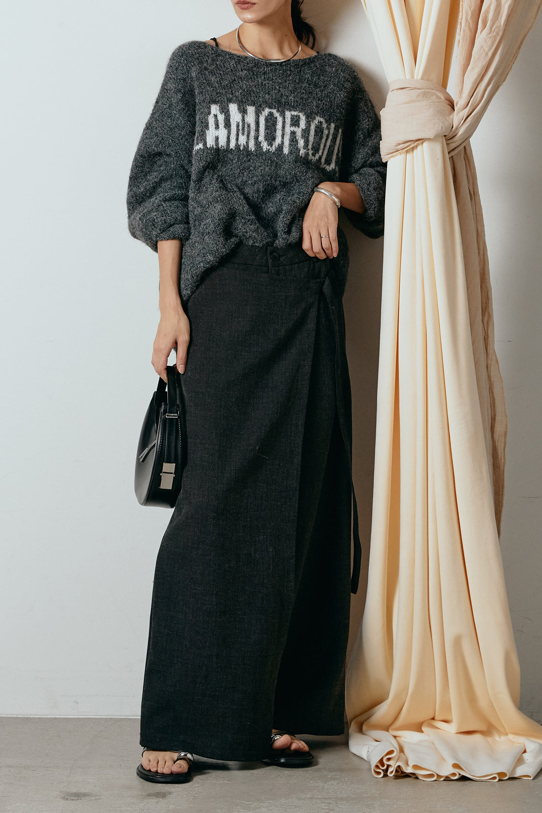 [SET]フロントロゴデザインニットトップス+ラップ巻きワイドスラックス(2set)