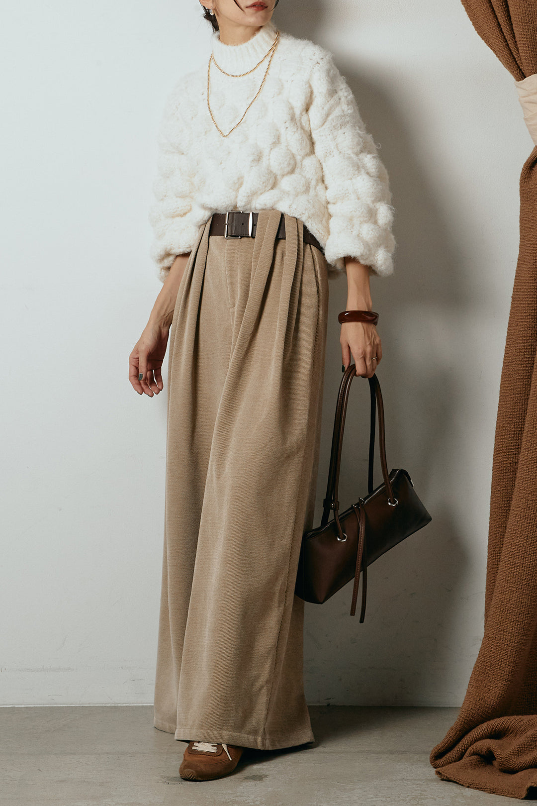 [SET]ボリュームポップコーンニットトップス+ベルトループコーデュロイワイドパンツ(2set)