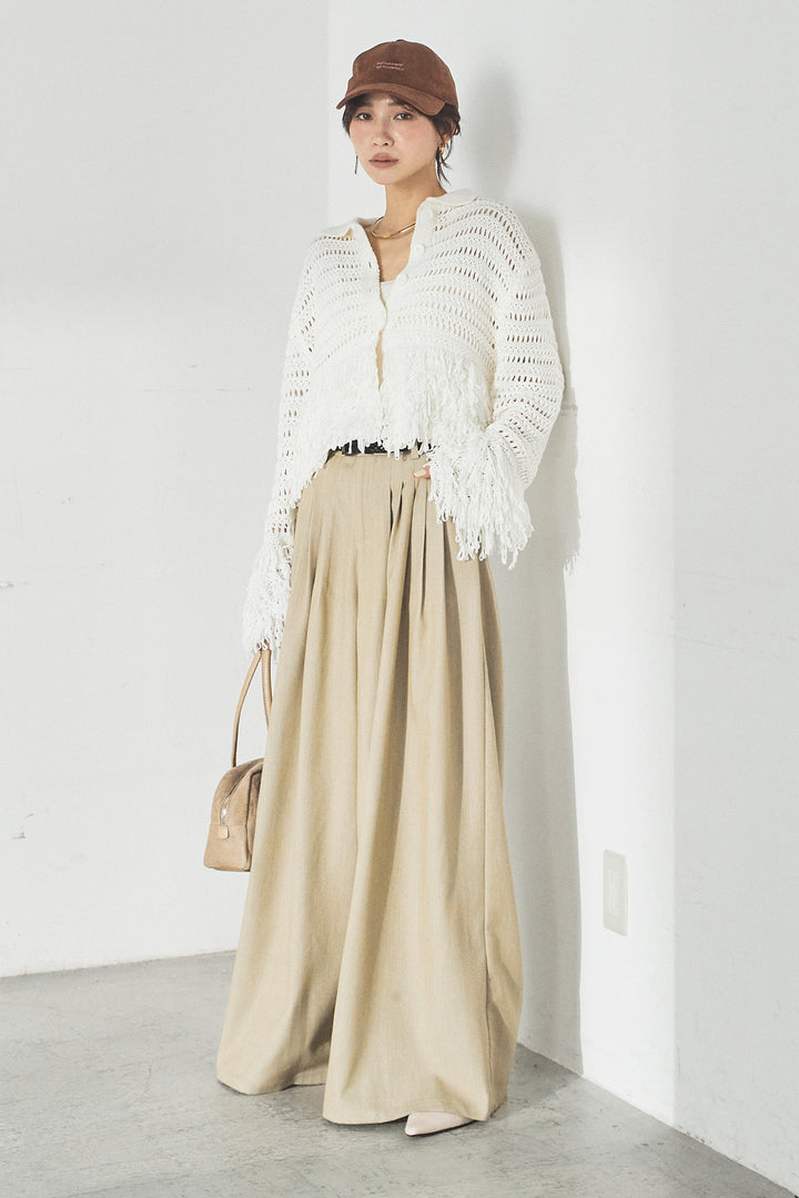 [SET]メッシュフリンジカーディガン+編みベルト付きウエストタックワイドパンツ(2set)