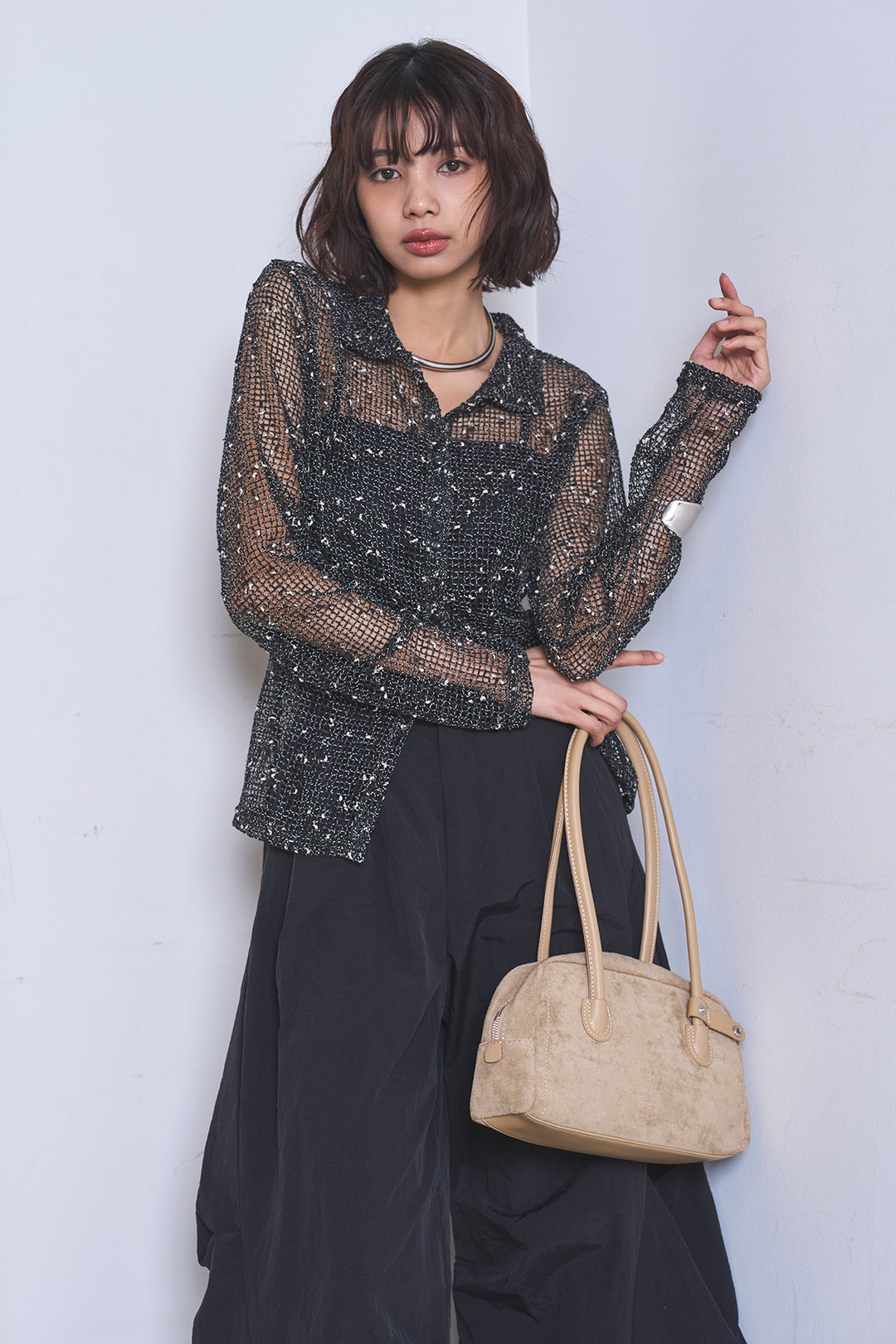 [SET]ネップメッシュポロ襟カーディガン+ドライタフタタックバレルパンツ(2set)