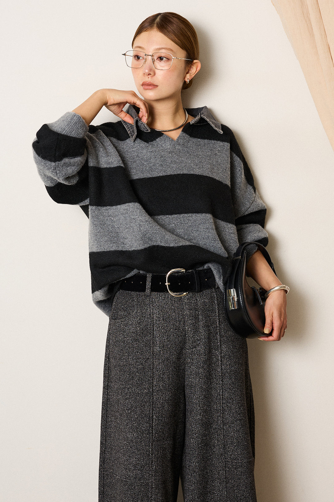 [SET]デニムカラーボーダールーズニット+太ベルト付きツイードワイドパンツ(2set)