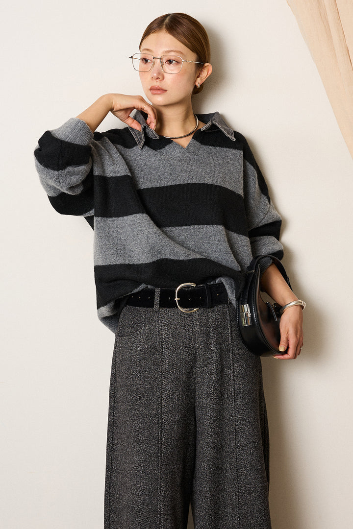 [SET]デニムカラーボーダールーズニット+太ベルト付きツイードワイドパンツ(2set)