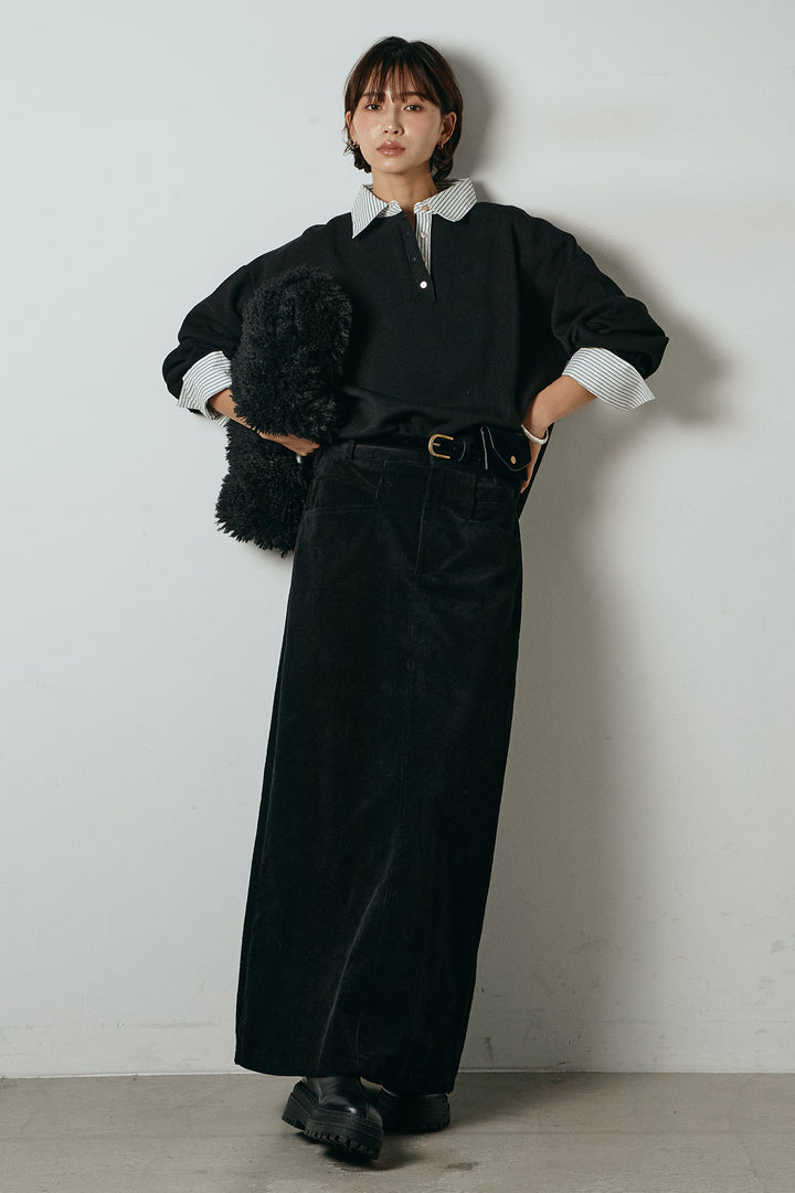 [SET]ストライプシャツドッキングポロトップス+ポーチベルト付きコーデュロイワイドスカート(2set)