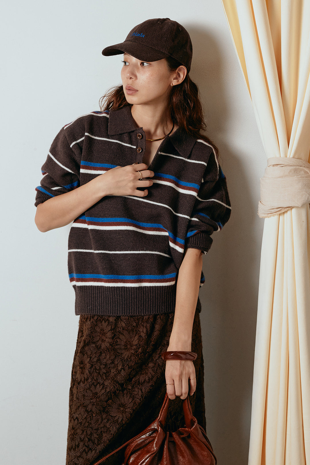 [SET]襟付きマルチボーダーニットポロトップス+花柄刺繍ベロアフレアスカート(2set)