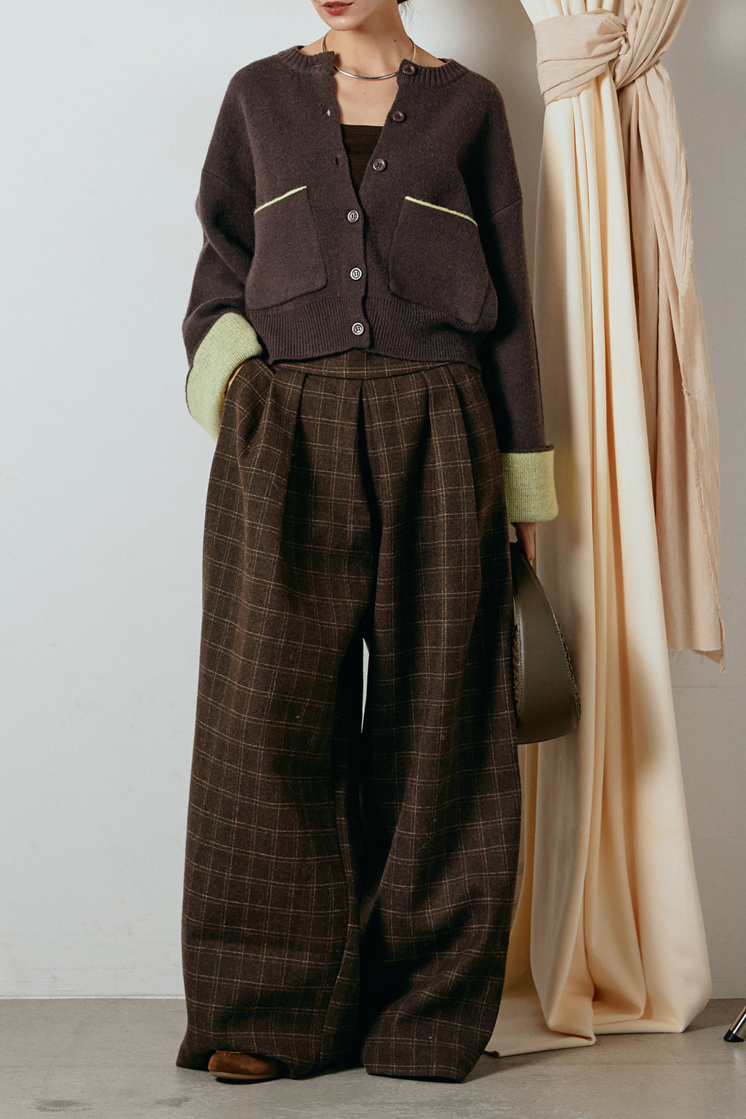 [SET]アルパカタッチダブルフェイスカーディガン+ウールライクチェックタックパンツ(2set)