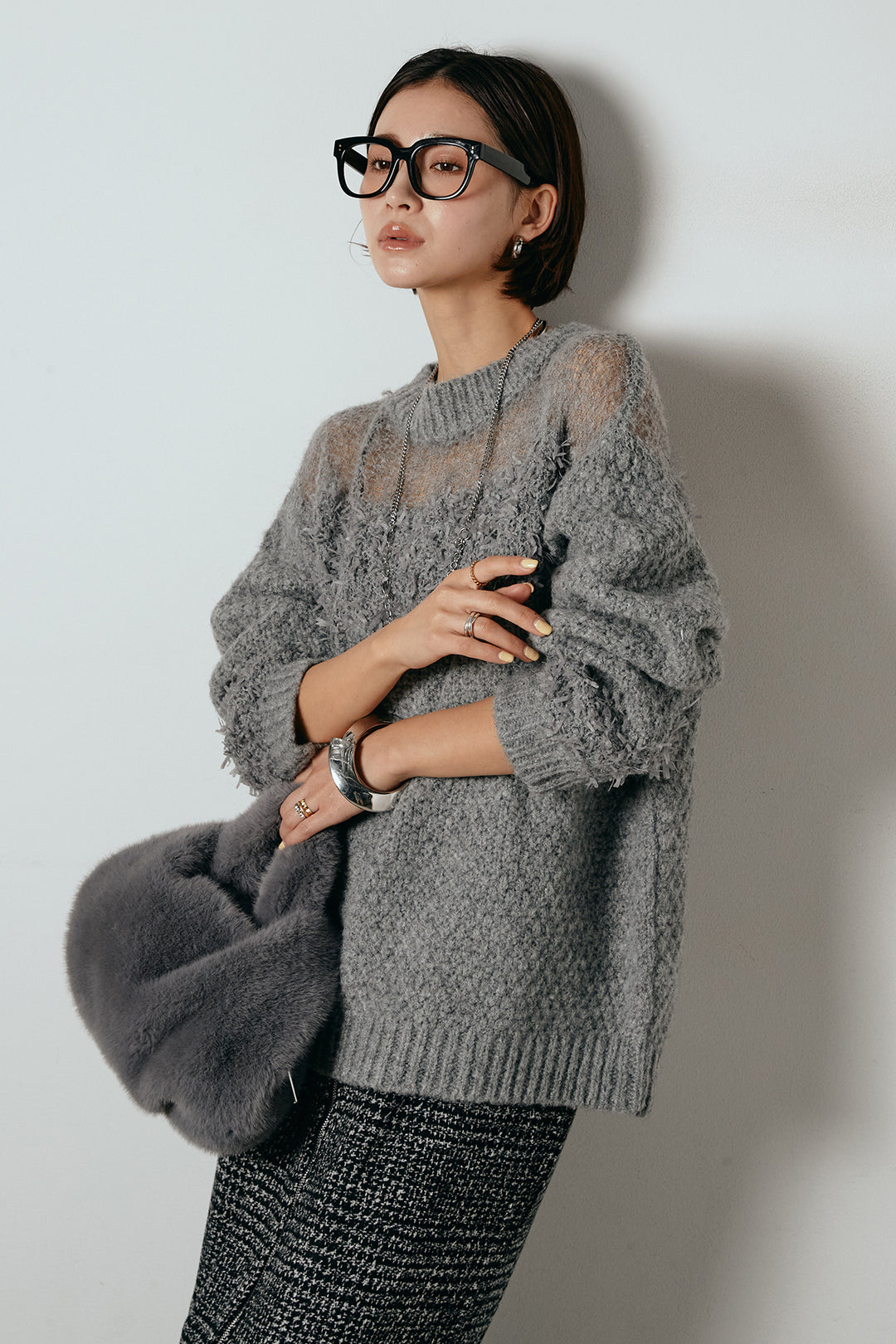 [SET]パターンランダム編みニットトップス+グレンチェック柄フロントジップタイトスカート(2set)