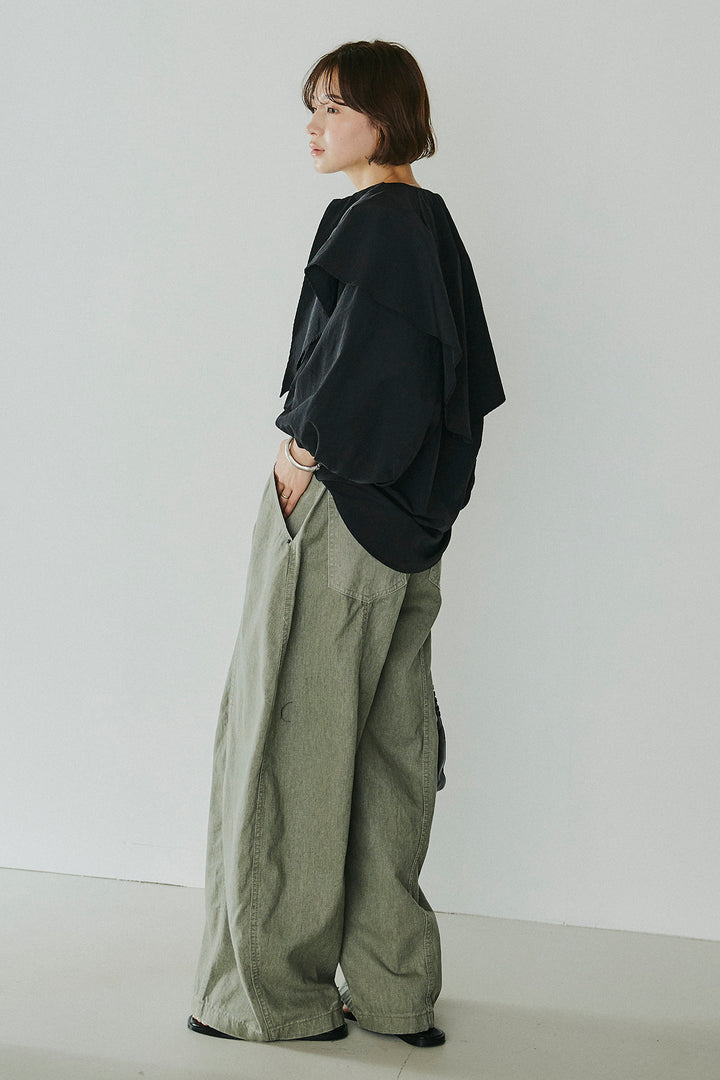 [SET]ケープカラーナイロンブラウス+サイドベルトカーブワイドパンツ(2set)