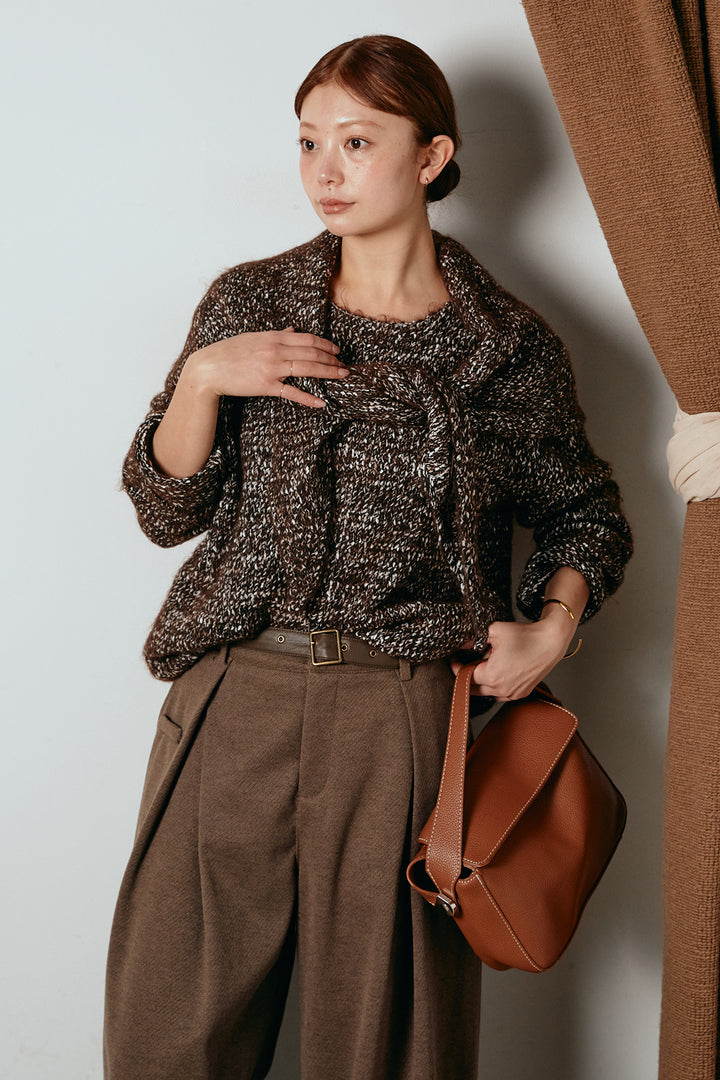 [SET]スカーフ付きミックスニットトップス+細ベルト付き起毛タックワイドパンツ(2set)